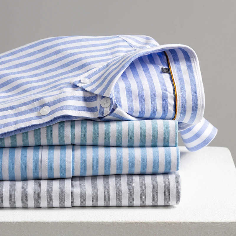 100% Men's Casual Cotton Shirts Oxford Men's Shirts Long Sleeves Plaid Shirt Pocket Social Blouse Striped Shirt Cotton Clothes H260921