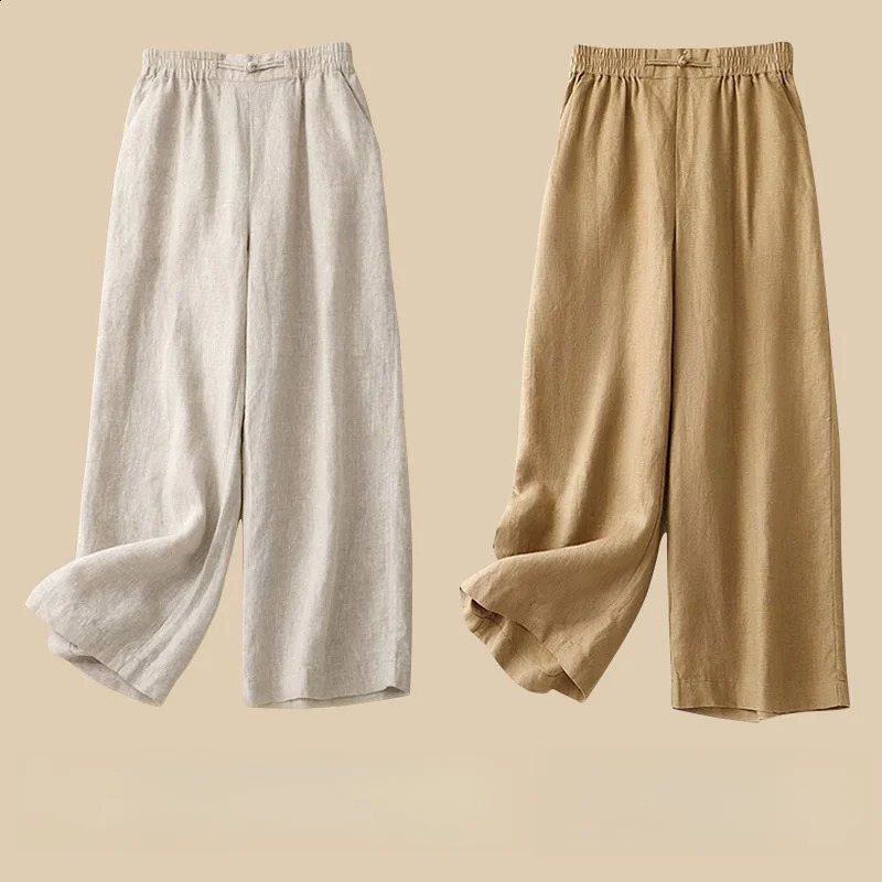 Cotton Linen Wide Leg Pants High Waist Straight Cut Summer Sle Thin Button Casual Trousers for Women Korean 26921