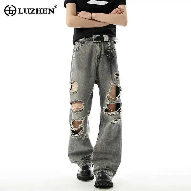 LUZHEN 2026 Estate Personalizzata Logoro Foro Rotto Design Jeans Dritti Moda Uomo Originale Stile Vintage Pantaloni In Denim JY6702 S260921SLAZ