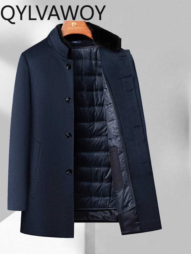 64% QYLVAWOY Blends Middle Aged Men's Winter Mid Length Lapel Woolen Coat Dad's Wool Outerwear Thickened Down Liner LJ2168 D260921 dd