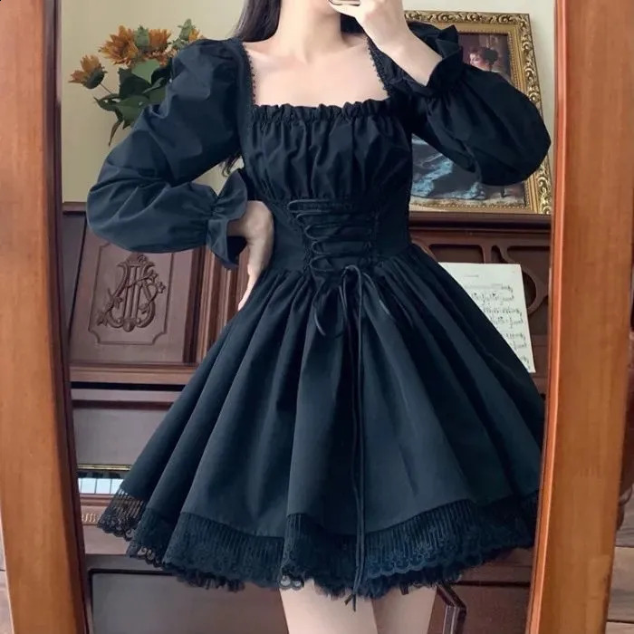 Halloween Gothic Grunge Punk Women Dress Long Sleeve Lace Slim Black Dresses Y2K Harajuku Lolita Fairy Core Party 26921