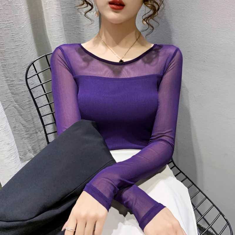 Women's T-Shirt Autumn Winter Round Neck T shirt Women Sexy Mesh Bottoming Shirt Long Sleeve Solid Color Slim Fit Long Sleeve Casual Tops Q2609