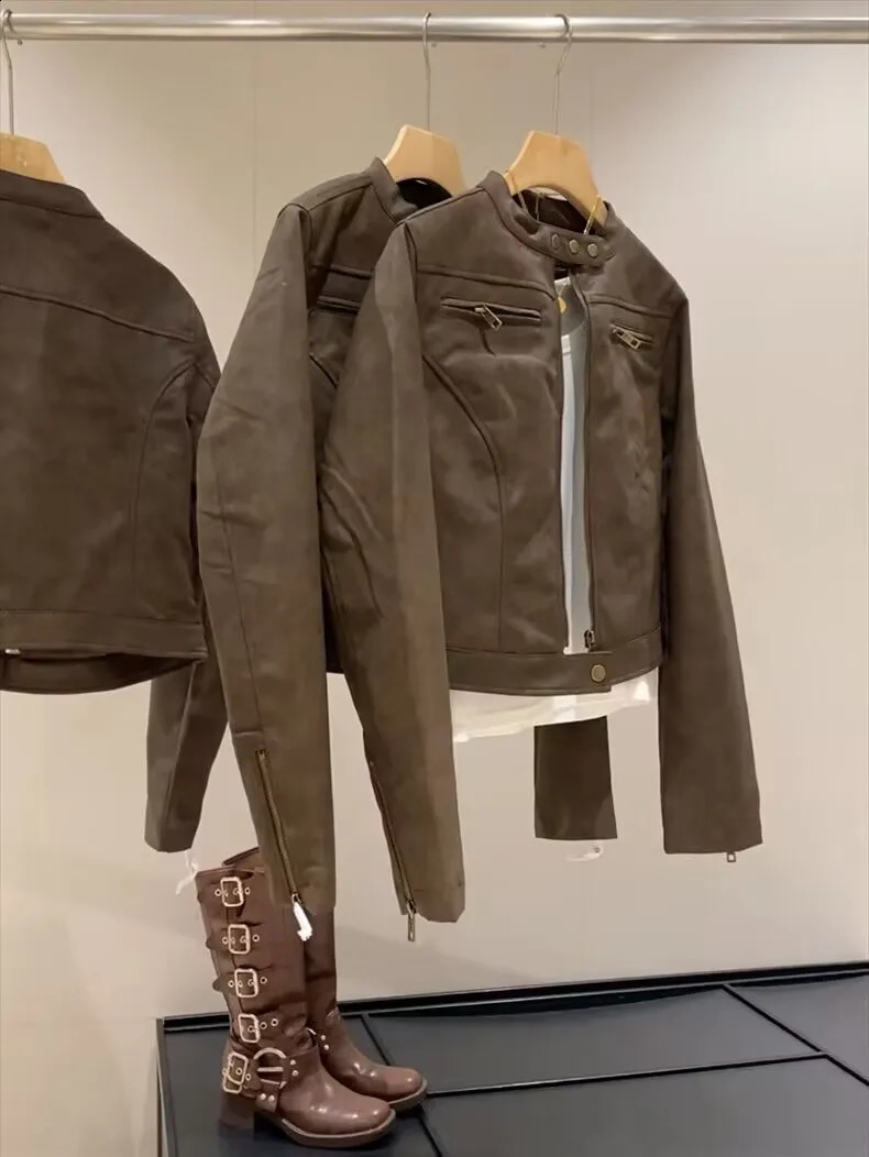 Retro Motorcycle Style Short Suede Jacket Women's Spring Season Zipper Clre Quilted Versatile Size Fits Shoulder Le 260920