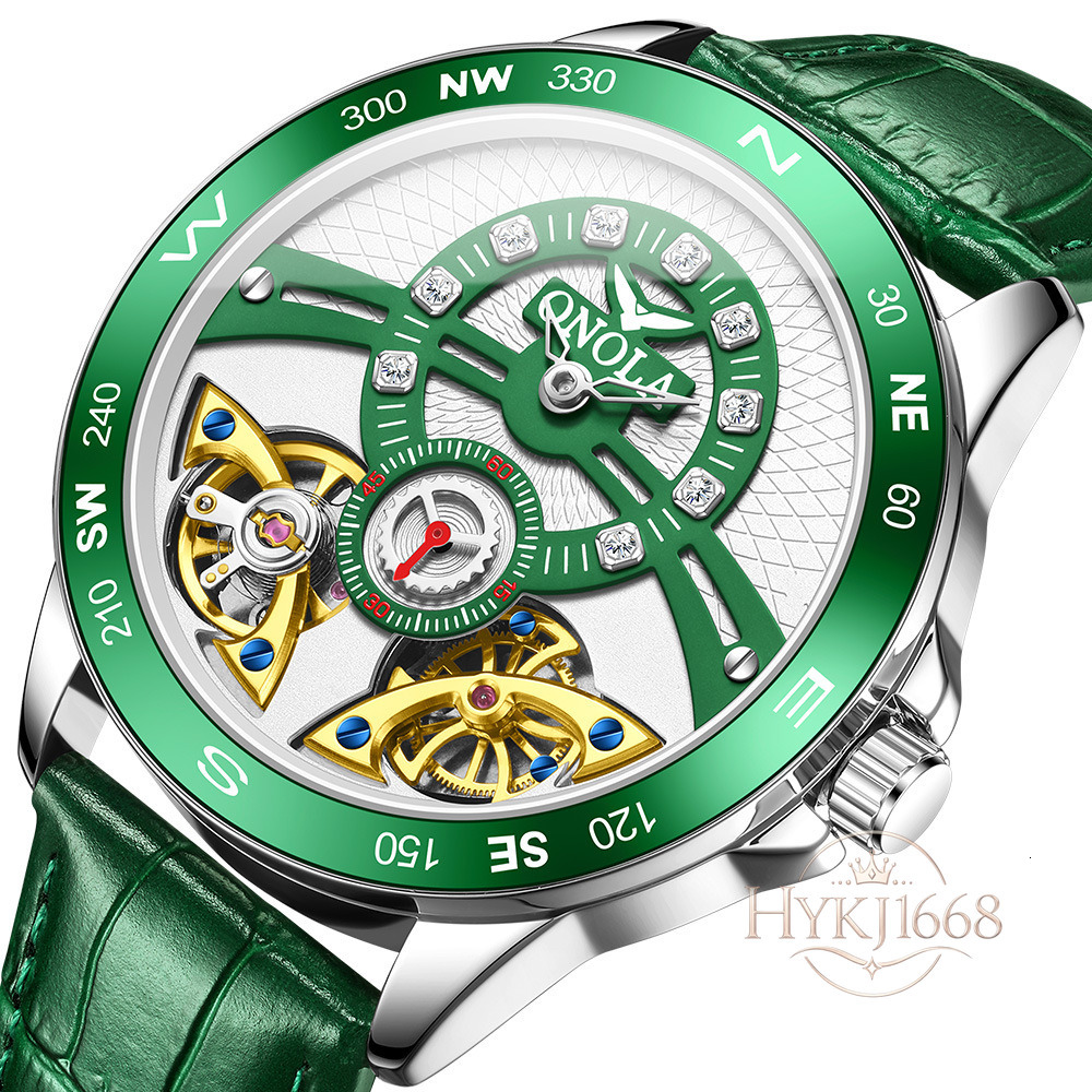 Men's Skeleton Automatic Mechanical Watch, Tourbillon-Style Open-Heart Dial, Crystal Markers, Compass Bezel, Steel Bracelet
