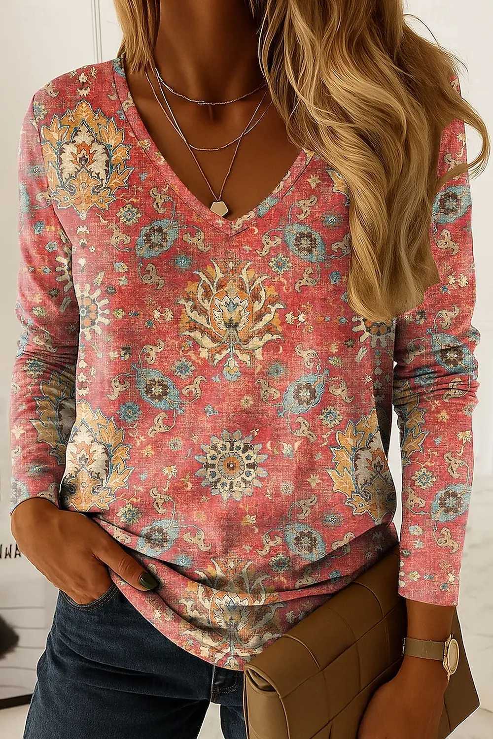 Women's T-Shirt Vintage Women's T-Shirt Graphic Paisley Elegant Fashion Tee Long Sleeve T-shirts V-Neck Regular Tops Pullover Fall Winter