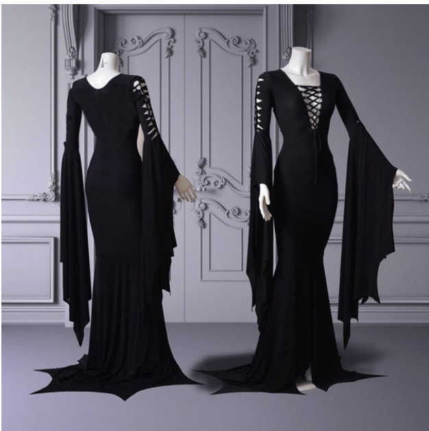 Costume Medieval Vampire Black Theme Lace Up Gown Robe For Women S-5XL Sexy Witch Ghost Halloween Costume Morticia Addam Gothic Maxi Dress H260921