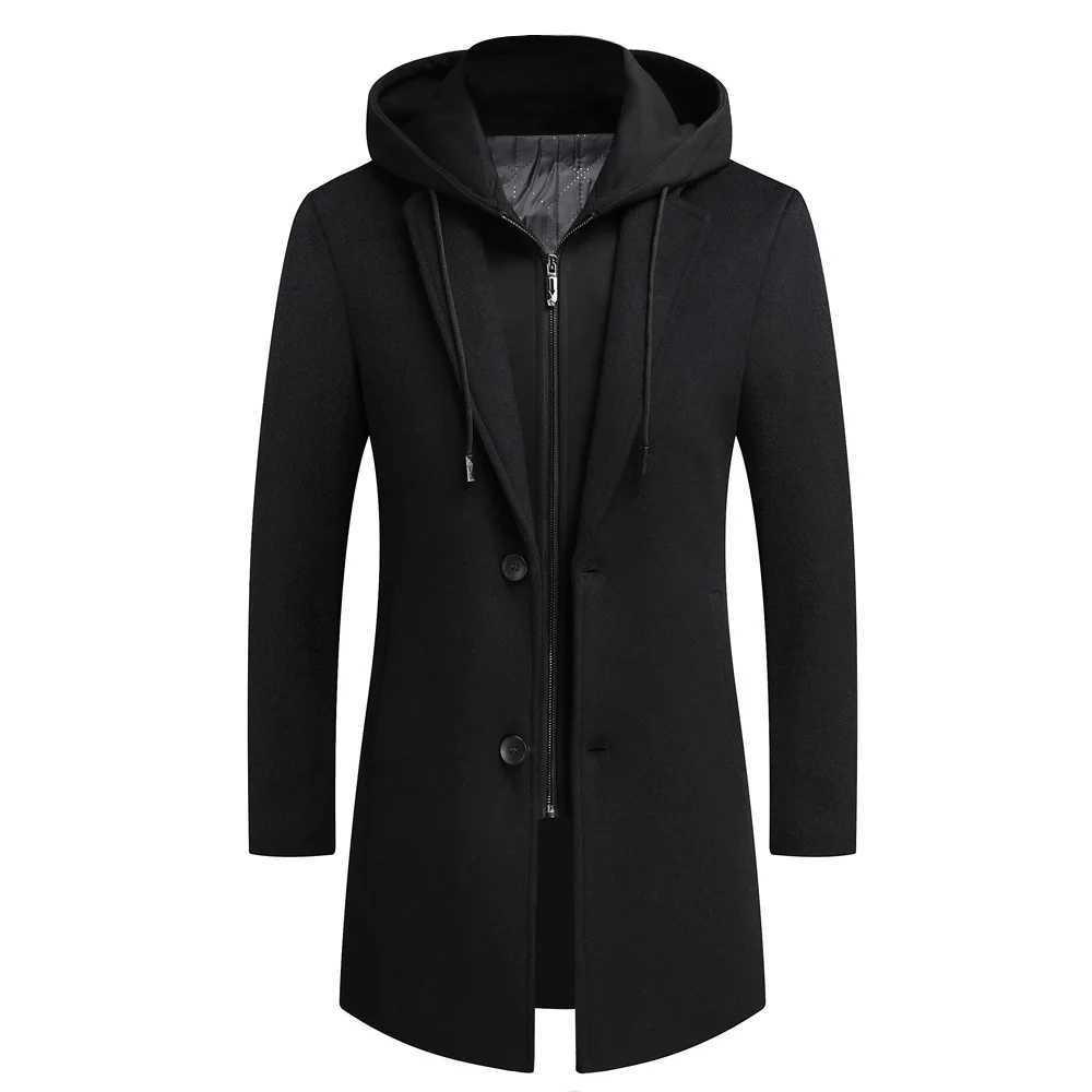 New Men's Winter Blends Mens Wool Coat High quality Fashion Casual Cashmere Jacket Male Thicken Warm Leave Two Pieces of Grey Hooded Trench D26