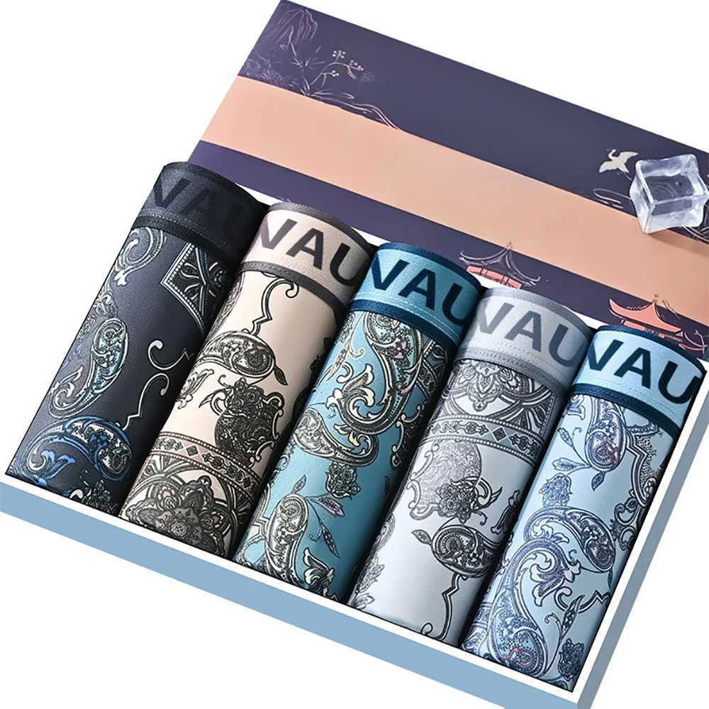 5pcs/set Men's Chinese-style Ice Silk Underwear Fashion Men Panties Breathable Plus-size Anti-bacterial Printed Men Underpant Q260921