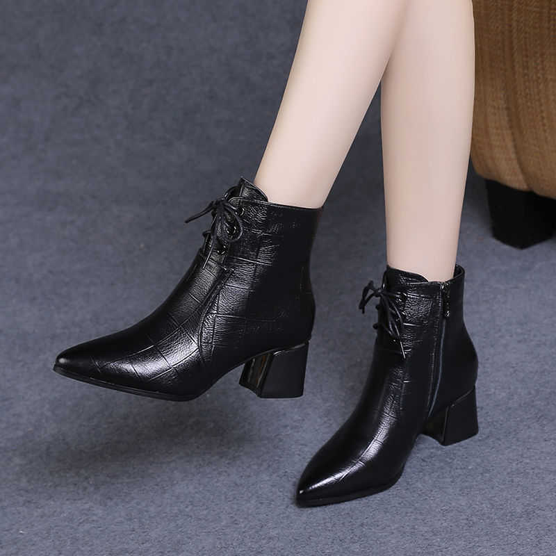 FHC Stivaletti da donna Stivali morbidi alla caviglia Botas Scarpe autunno / inverno Punta a punta Tacco spesso Zip laterale Lacci frontali. Dropshi