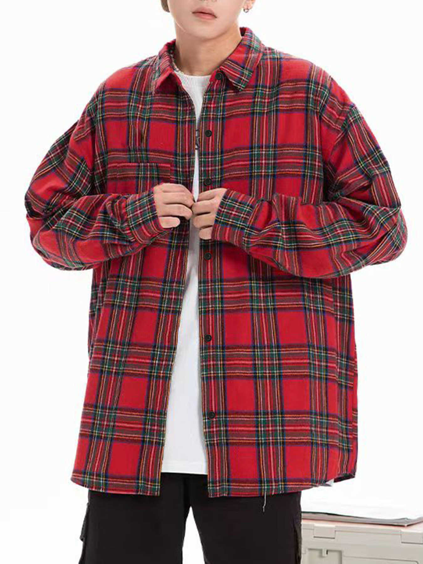 Red Men's Brushed Casual Shirts Plaid Shirt Men's Spring Fall American Retro Long-Sleeved Shirt High-Bottom Handsome Bottoming Jacket H260