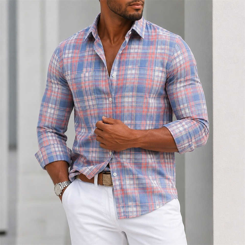 Casual Shirts Mens Plaid Men's Shirts Long Sleeve Lapel Button Down Casual Loose Fit Breathable Shirt Male Spring Autumn Daily Streetwear Blous