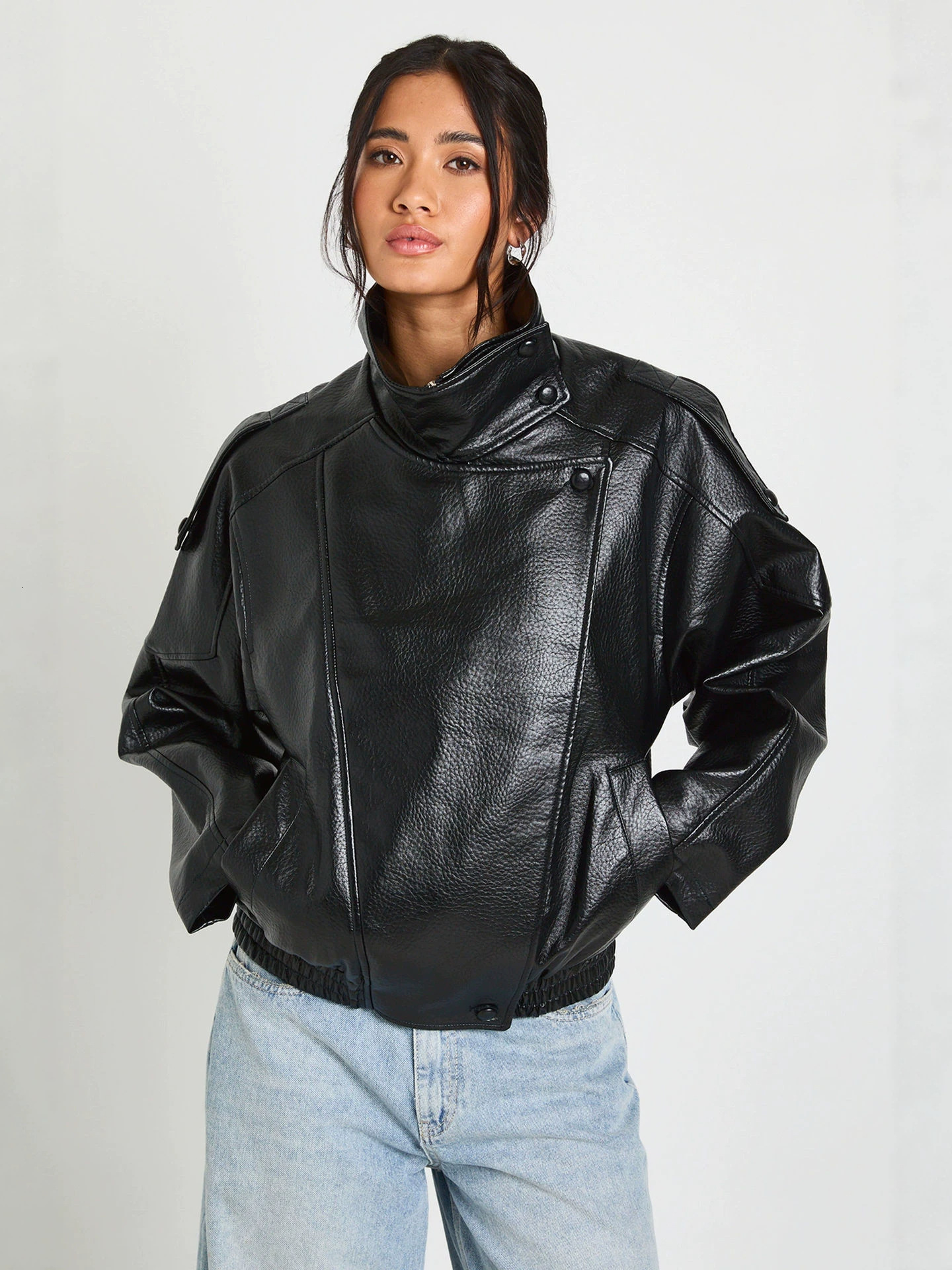 European and American stand-up collar oversized PU leather jacket for women, loose casual street style, versatile biker style short coat