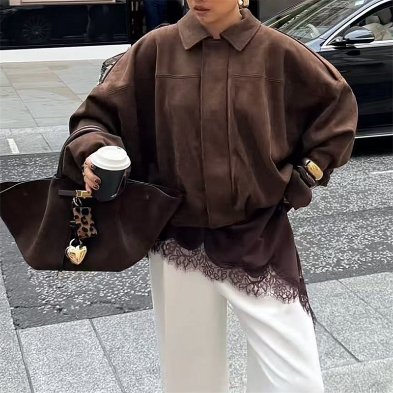 Women's Long Sleeve Suede Jacket Bomber Lapel Zipper High Street Cropped Racing Jackets Coats Outerwear y260920