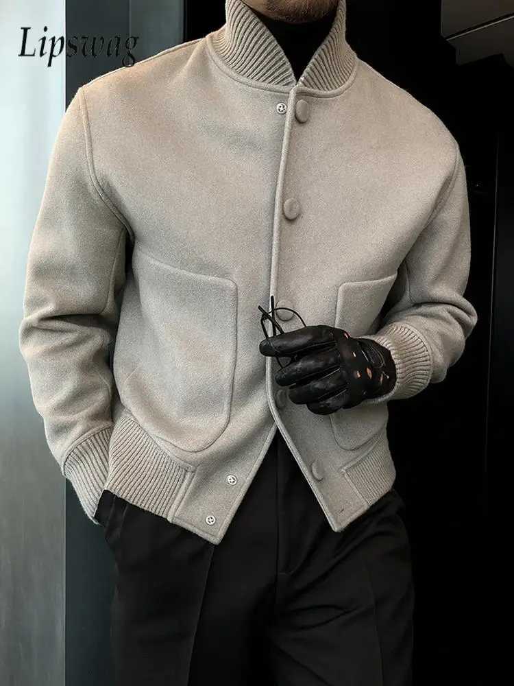 Stylish Mens Solid Color Woolen Jacket Coat Autumn Winter Casual Button-up Stand Collar Jackets Men's Vintage Woolen Outerwear Q260921