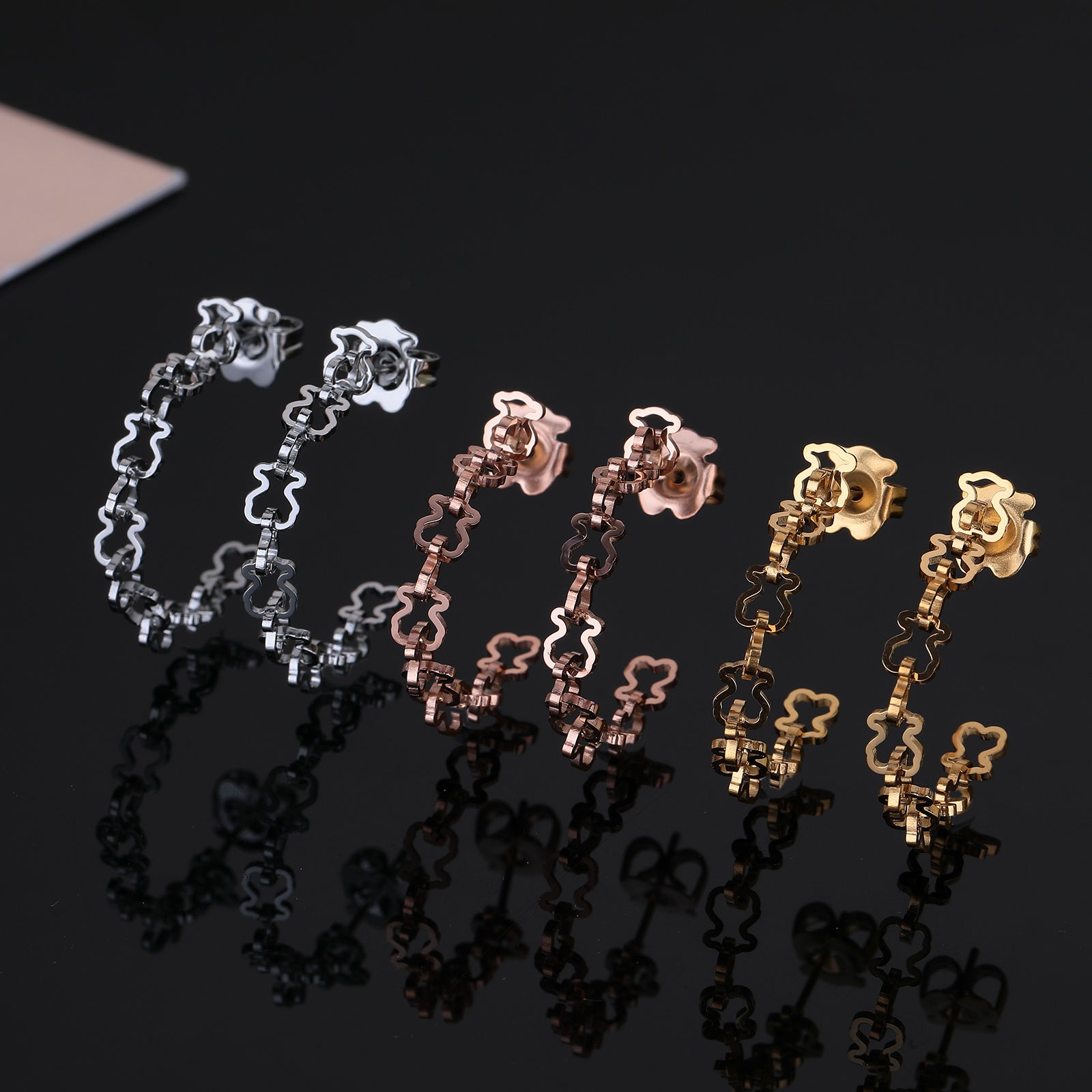 New Fashion Women Girls Bear Silver Rose Gold Stainless Steel Hollow Animal Span White Pearl Stud Earrings Jewelry