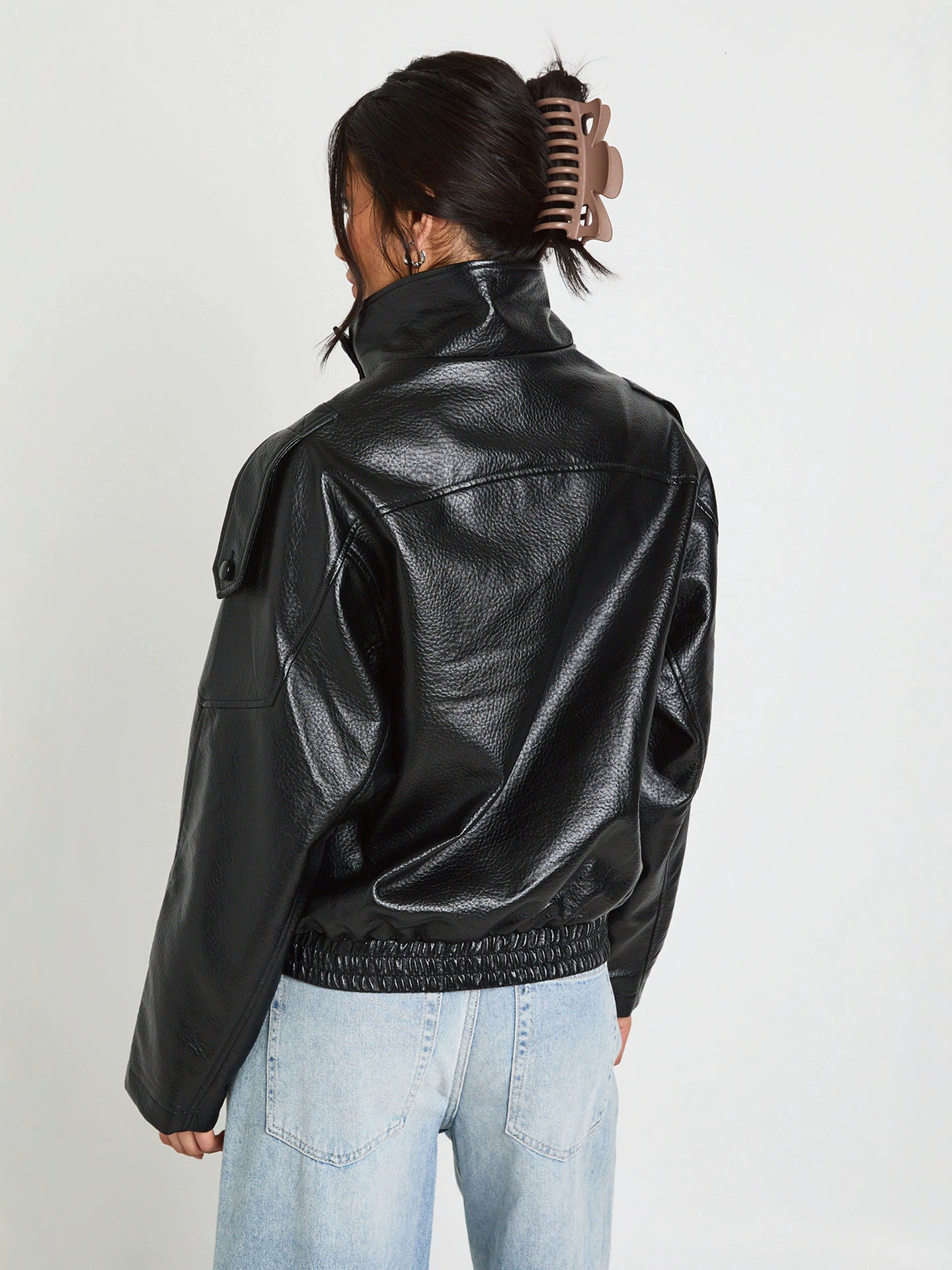 European and American stand-up collar oversized PU leather jacket for women, loose casual street style, versatile biker style short coat