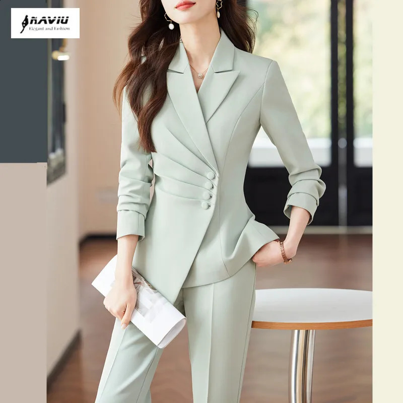 NAVIU Green Casual Commuting Office Pants Set Fashion Elegant Long Sleeve Single Button Slim Women Two Piece Blazer and Pant 260920