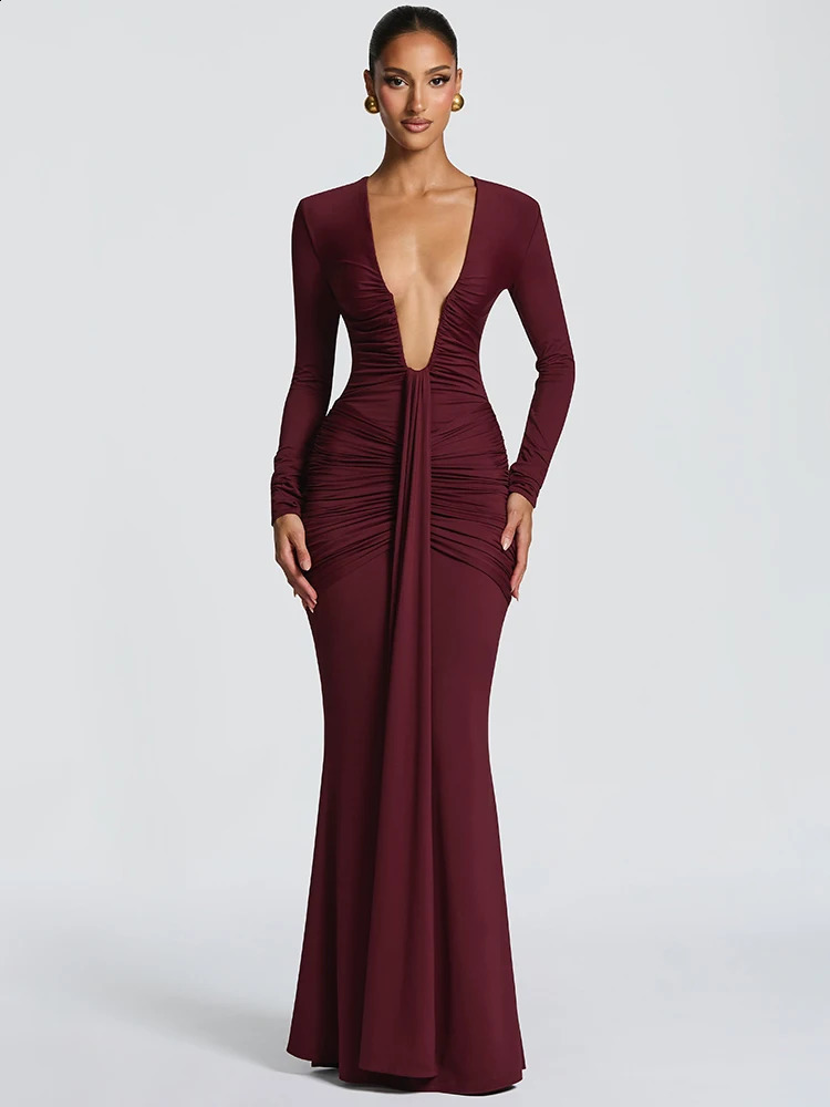Mozision Deep V Neck Long Sleeve Sexy Maxi Dress Women Gown Spring Elegant Draped Ruched Bodycon Club Party Long Dresses Female 260920