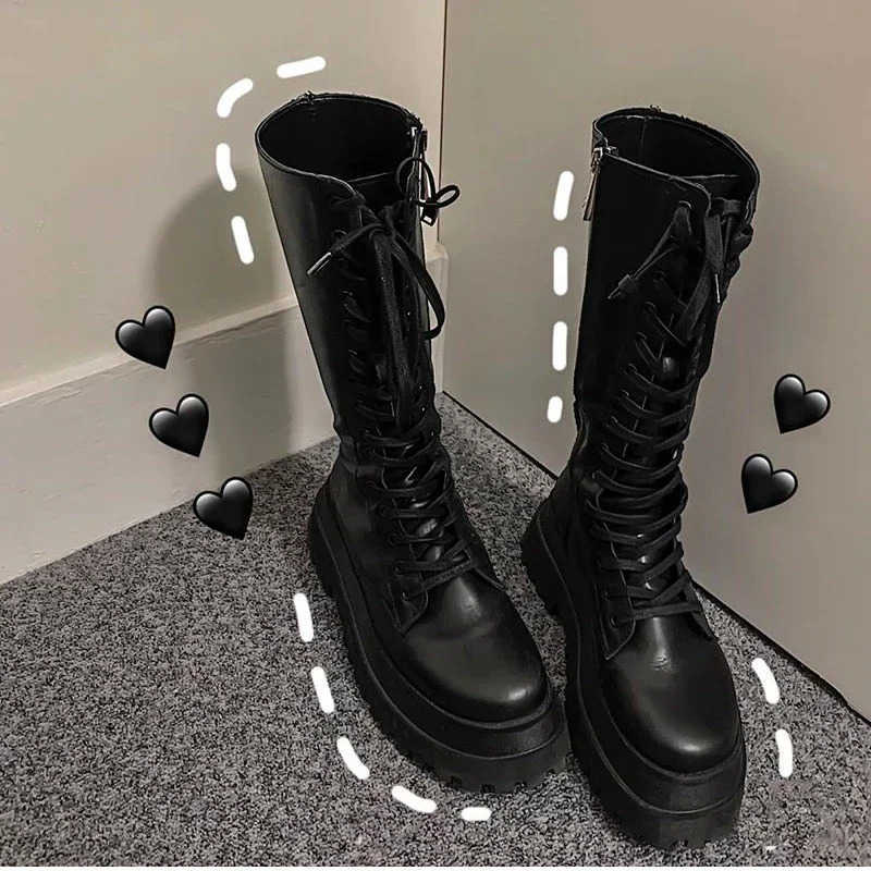 Botas de moto para mujer, botas altas y gruesas, zapatos planos con plataforma de Botas Largas a la moda para otoño e invierno, zapatos de mujer H26