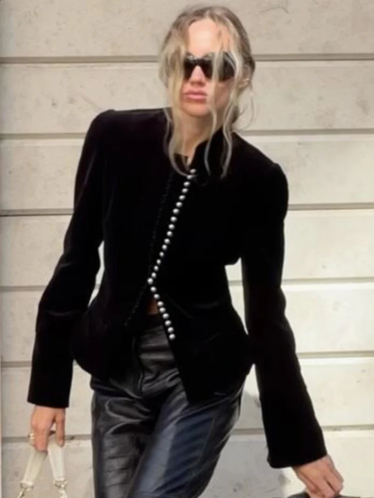 Fashion Solid Velvet Women's Jacket Stand Collar Long Sleeve Waist Cinching Coat Chic Spring Autumn Evening Street Wear 260920