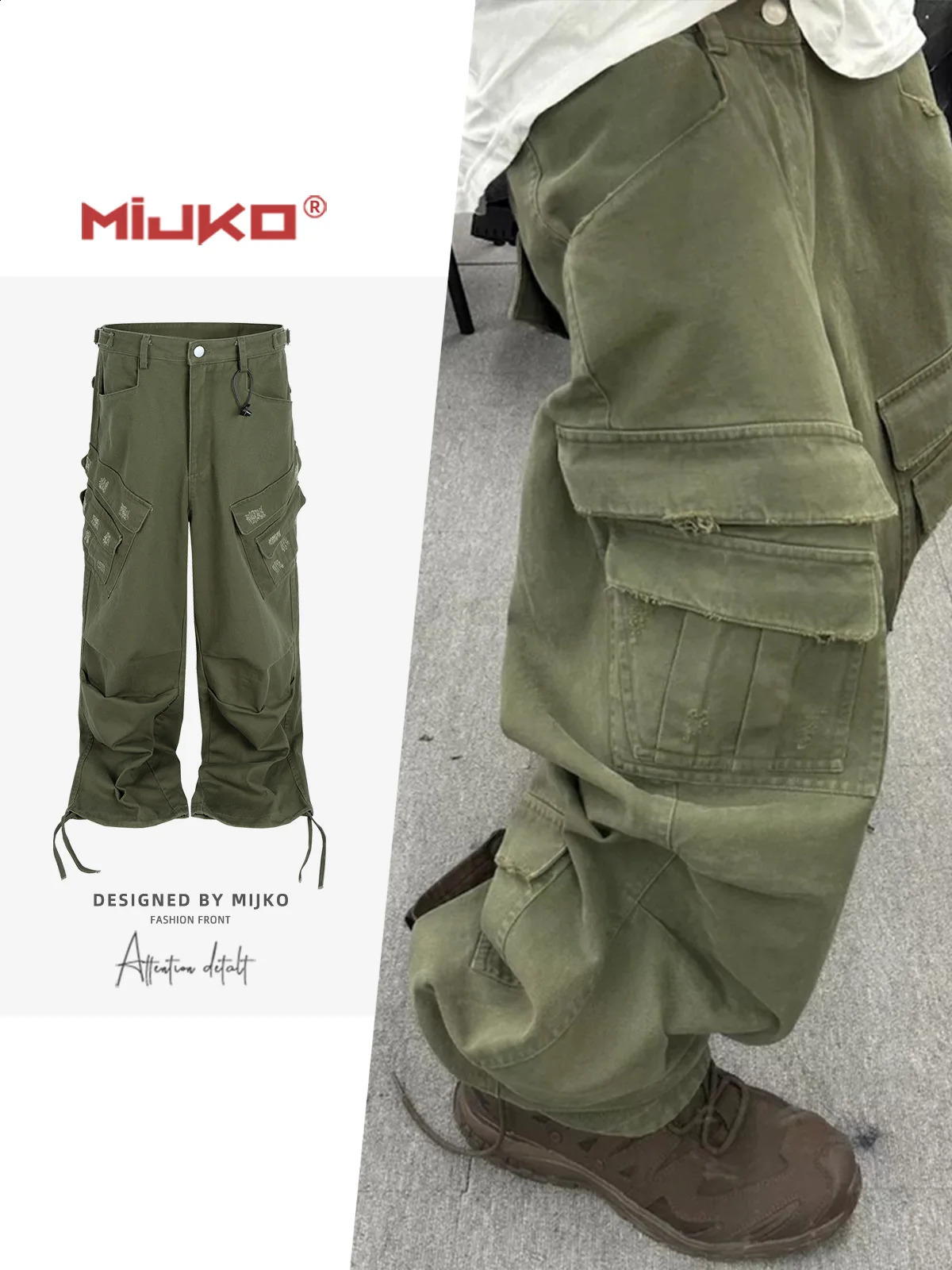 MIJKO Mens Casual Drawstring Trousers MultiPocket Vintage Work Pants with Legs Washed for Comfortable Wear 8519# 260922