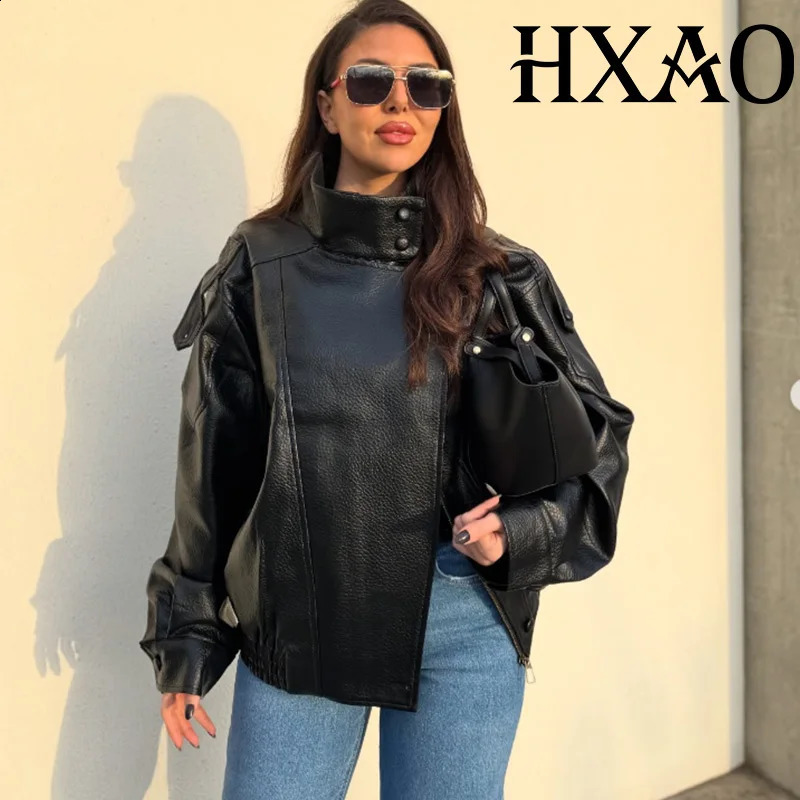 HXAO Women's Faux Leather Jacket Short Coat Black Bomber Jackets For Woman Loose Winter Outerwear High Neck Jackets 260918