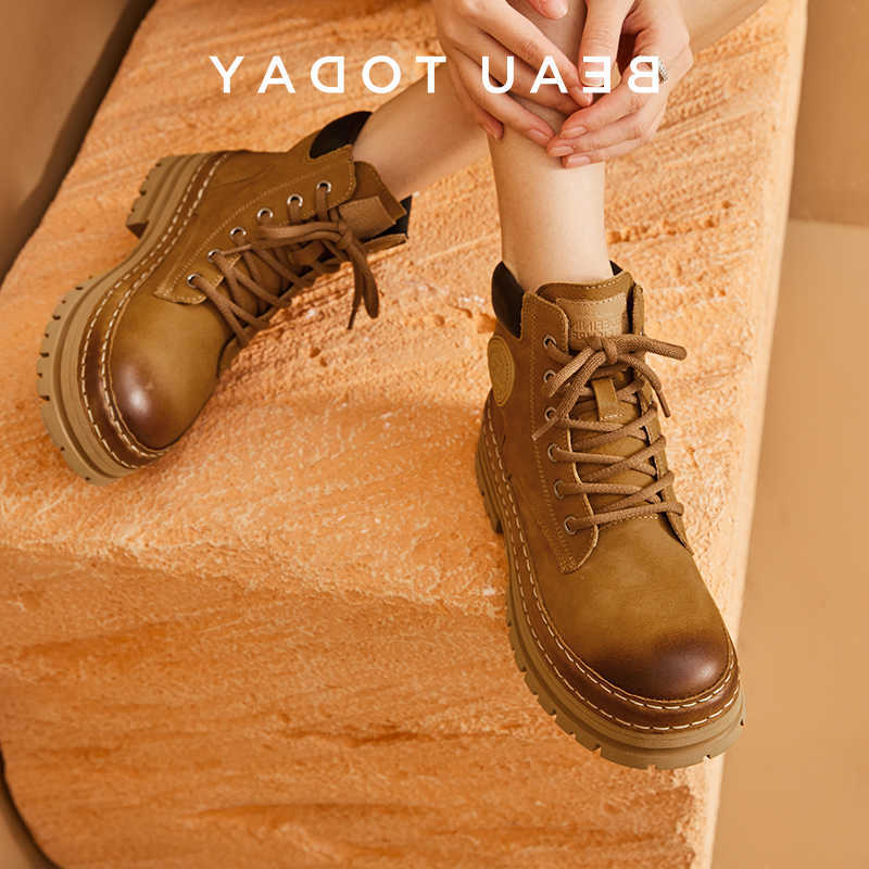 Botas Botines Mujer BEAUTODAY Cuero De Vaca Color Sólido Punta Redonda Con Cordones Nieve Neutral Al Aire Libre Invierno Zapatos De Mujer Hechos A M