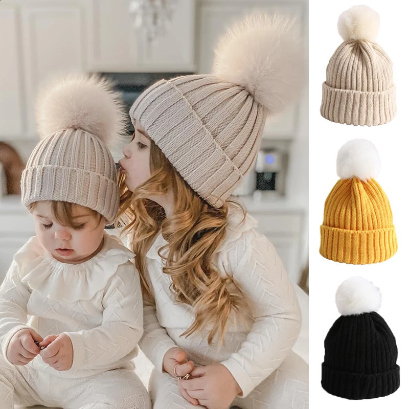 Fluffy Fur Ball Baby Beanie Winter Warm Kids Skullies Cap 2-6year Children Woolen Crochet Bonnet Solid Color Toddler Knitted Hat 260920
