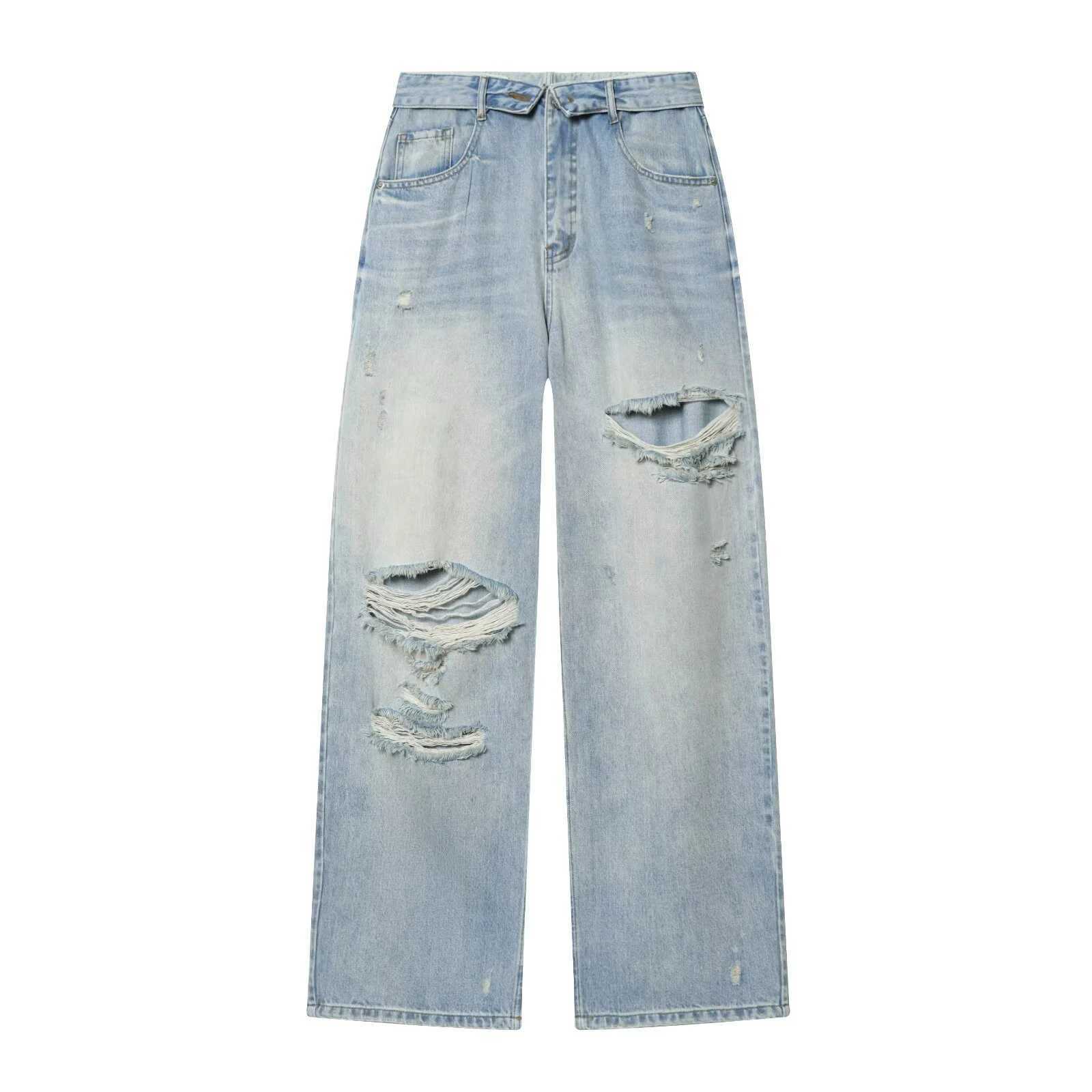 European and American style 2026 spring/summer new women's clothing mid waist casual ripped and flanged denim pants S260921DR1B