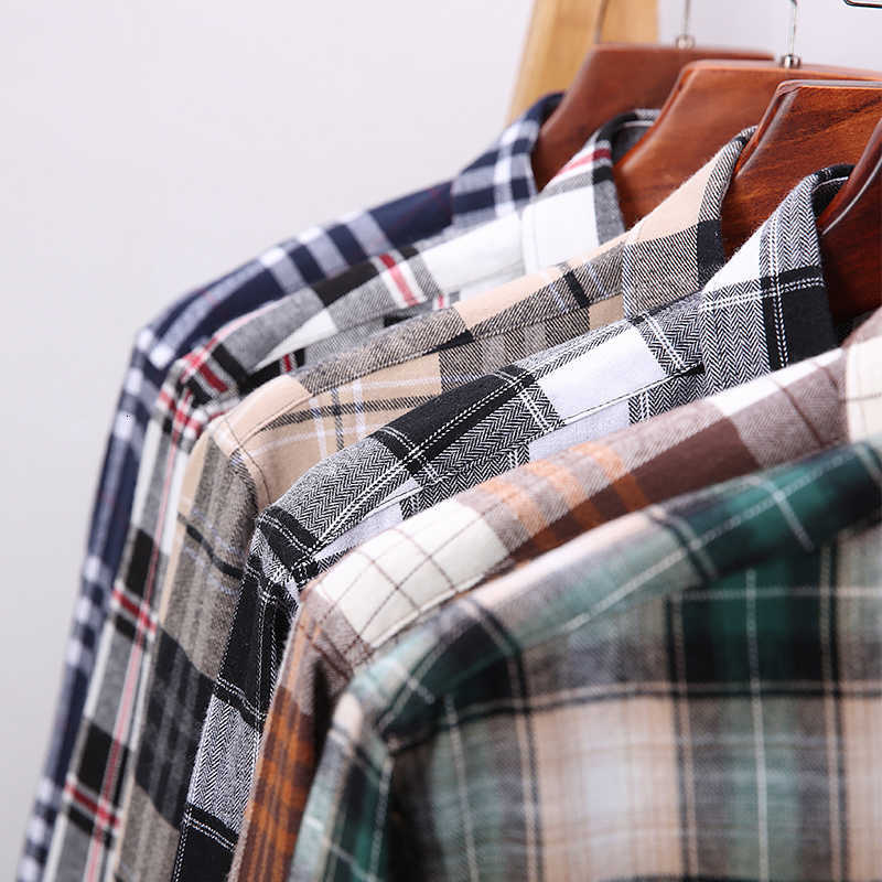 100% Men's Casual Shirts Men's Pure Cotton Flannel Soft Regular-fit Long Sleeve Brushed Shirt Single Pocket Comfortable Casual Plaid Shirt