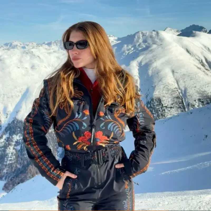 Women Floral Print Hooded Ski Set Stand High Waist Zipper Straight Jumpsuit With Belt Fashion Warm Sport Winter Lady Skiwear T260829
