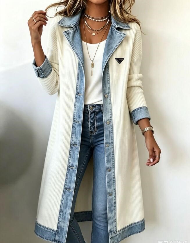 Designer Jackets for New windbreaker loose Long sleeved denim lapel knit patchwork women's jacket with loose shoulder fake two-piece cardigan c