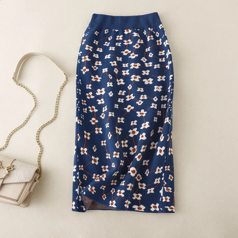 Retro Knitted Midi Long Skirt for Women High Waist A-line Skirt Autumn Outfit Korean Fashion Winter Printed Floral Skirt 260918