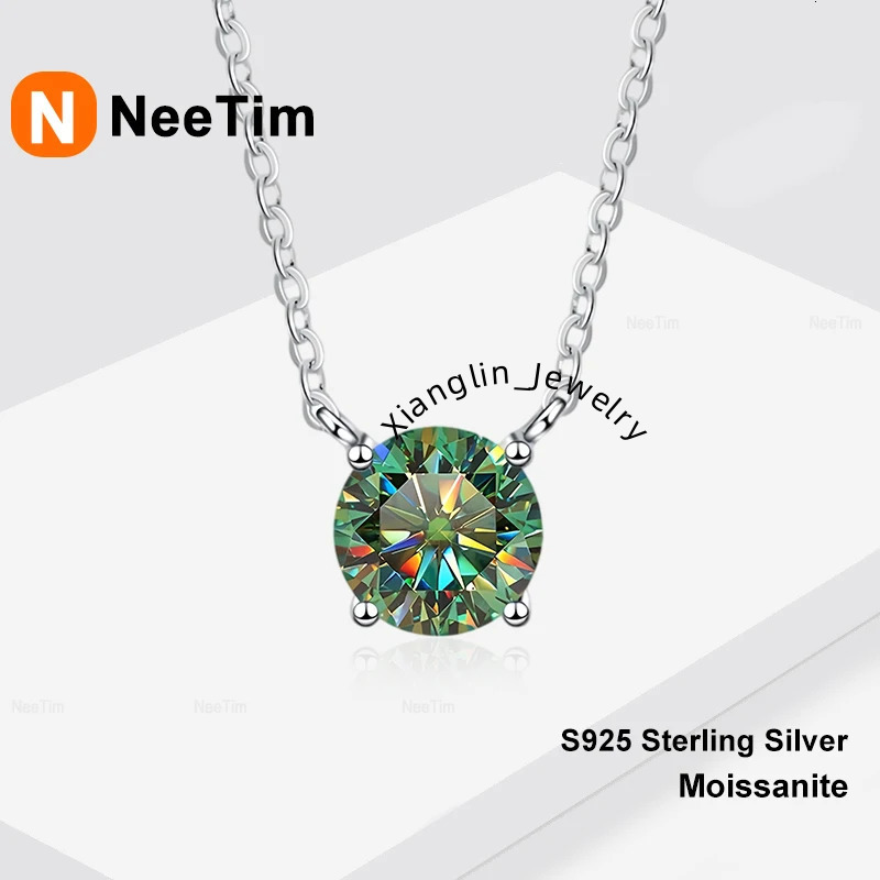 NeeTim 1ct 2ct 3ct Green Pink Blue Moissanite Necklaces for Women 925 Sterling Silver Wedding Party Neck Chain Woman's Necklace