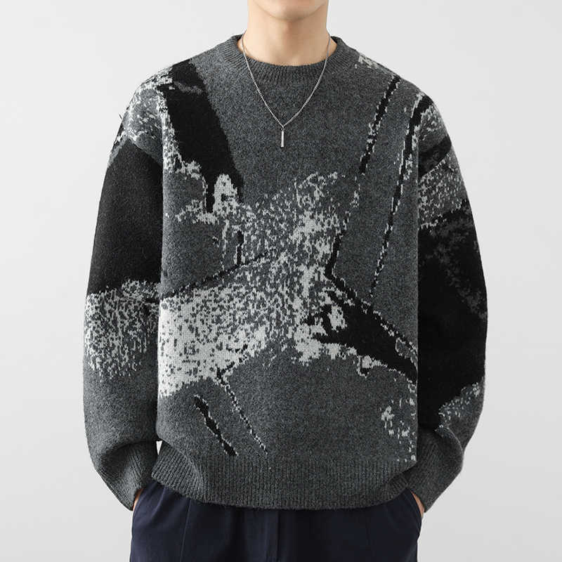 Sweater Men's Autumn Winter High-end Trendy Brand Retro Color-blockLazy Style Round Neck Knitted Sweater Thickened Warm Knit S260921XXX6