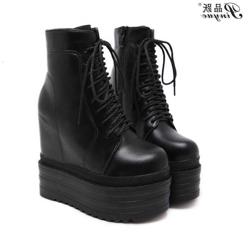 Cuñas Botines Botas blancas Zapatos con suela de goma negra Botas de plataforma Cordones de mujer Zapatos de tacón con plataforma de otoño Tacón 14