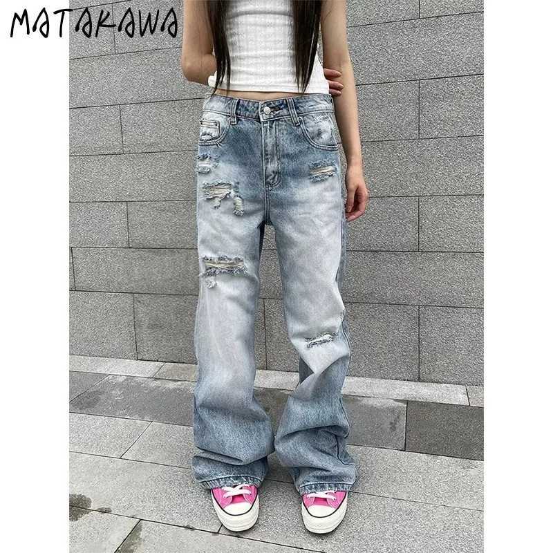 Y2k American Retro Washed Faux Distressed Stacked Jeans Unisex New Loose Straight Leg Versatile Slimming Denim Women Pants S260921I9I3