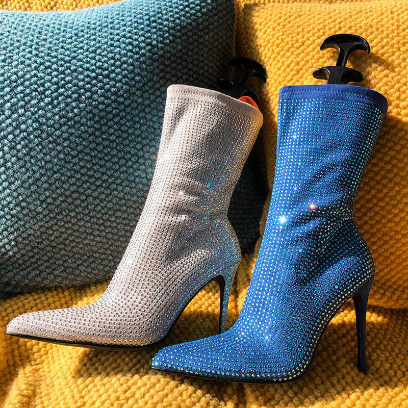 Botas Poited Onlymaker Toe mujer Rhinestone Ankel botas fino tacón alto cremallera lateral botines de moda H260921