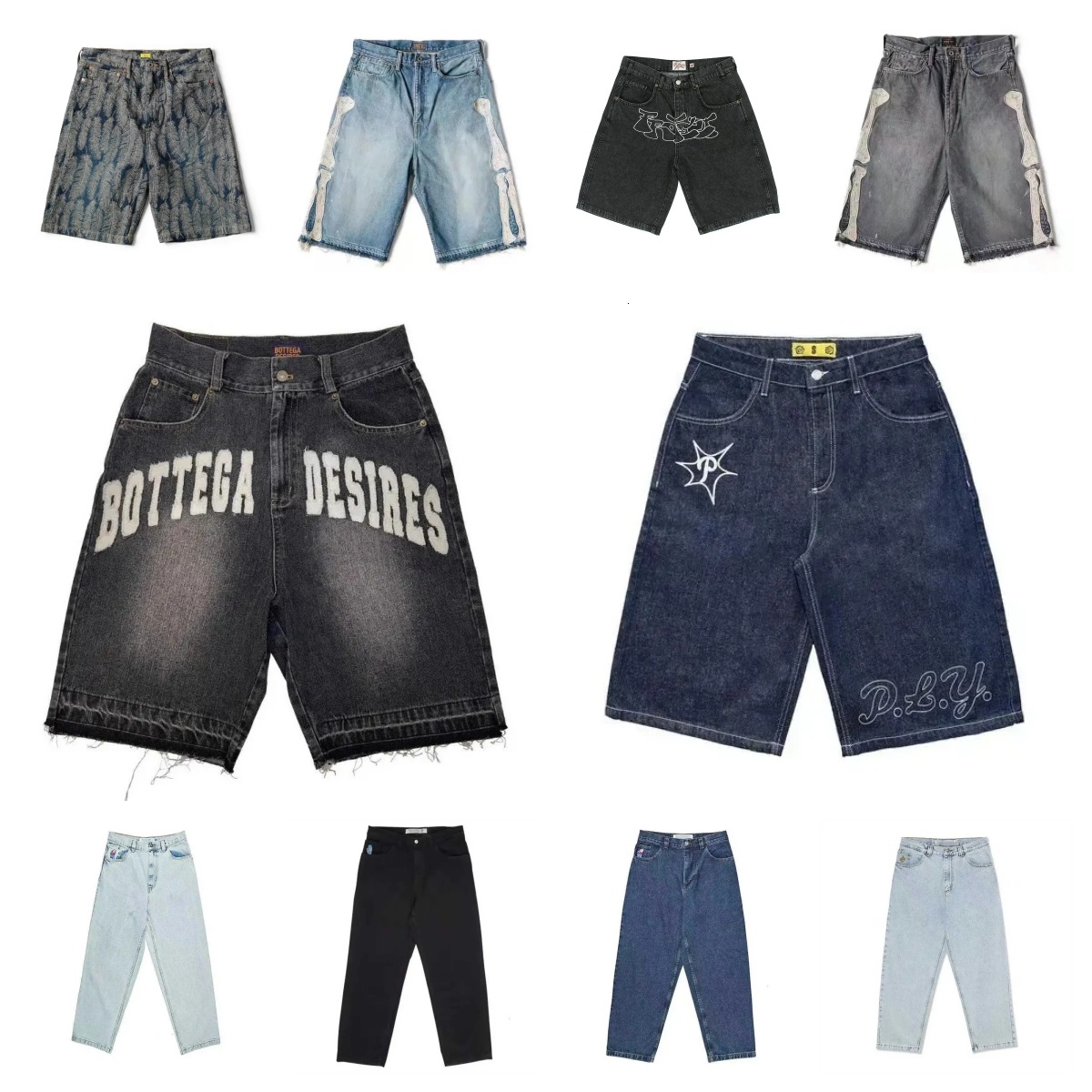 mens Shorts KAPITAL 23SS 21SS Blue Dyed Retro Distressed Loose Rivet-Inlaid GemstoneDenim Cotton jeans Jacquard feather pants bell bottoms Nylon cas