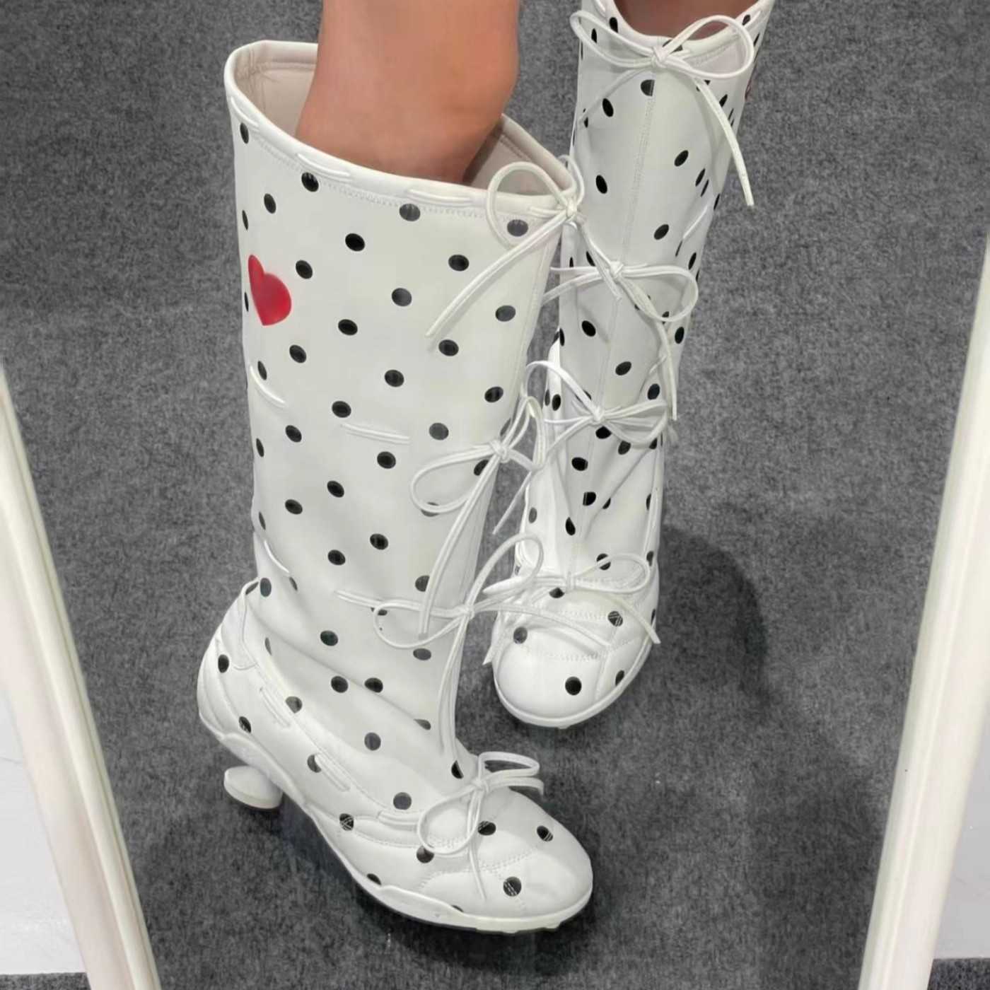 Super popular genuine leather polka dot ballet-style long boots fashionable high-heeled boots with a wide shaft and trendy womens boots L26921
