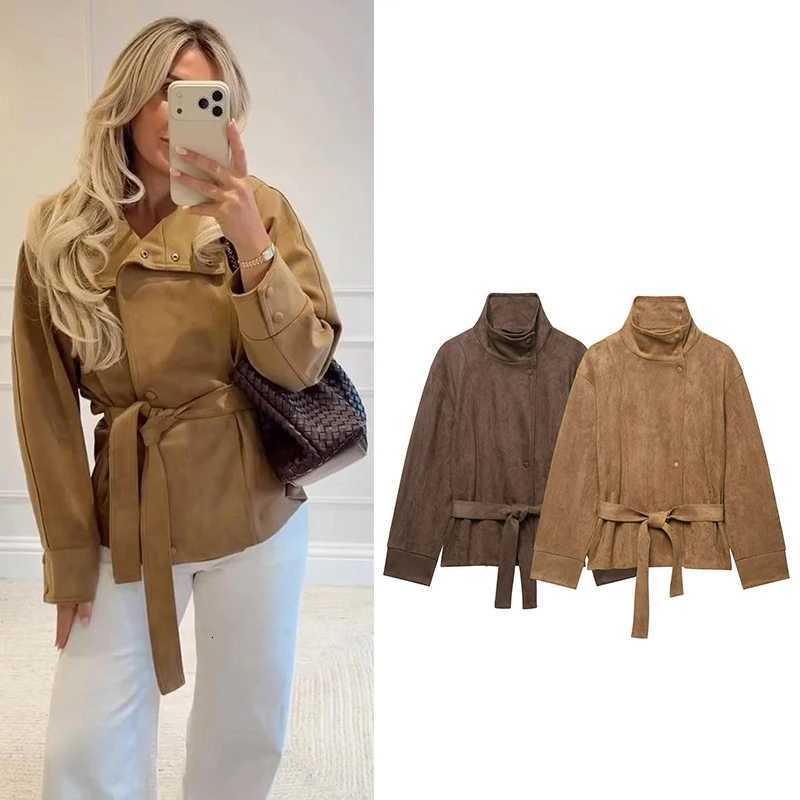 Jackets Women's Jacket 2026 Women's New Autumn Winter Long-Sleeve Coat Stand Collar Suede-Texture Jacket With Belted Elegant Chic Lady Jac