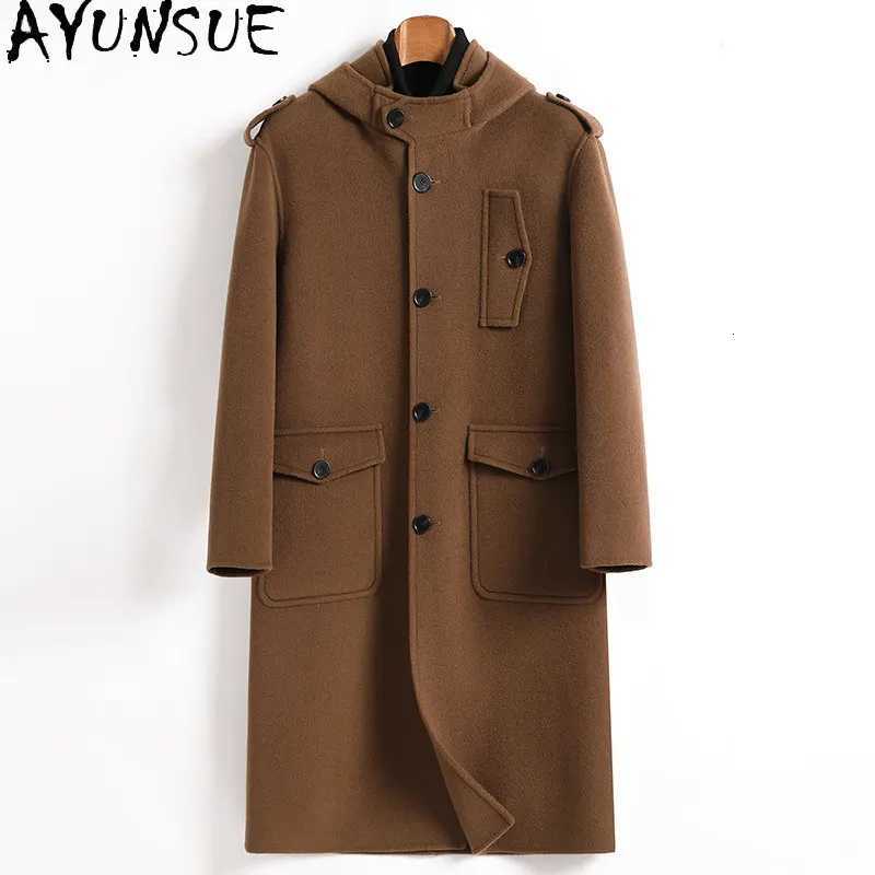 Blends AYUNSUE High Men's Quality Double sided 100% Wool Coats for Men Winter Fashion Hooded Man Long Coat Casual Woolen Jacket Streetwear D260