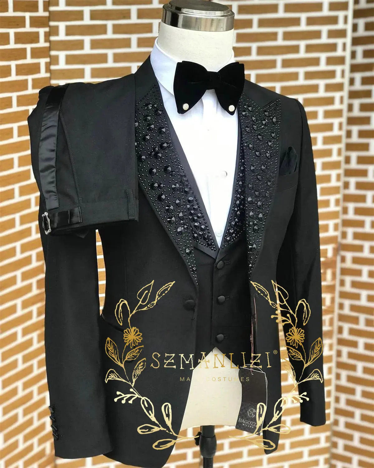 Classic Suits for Boys Black Crystals 3-Piece Fashion Stylish Boy's Tuxedo Formal For Party Outfit For Kids Blazer Vest Pant 260920