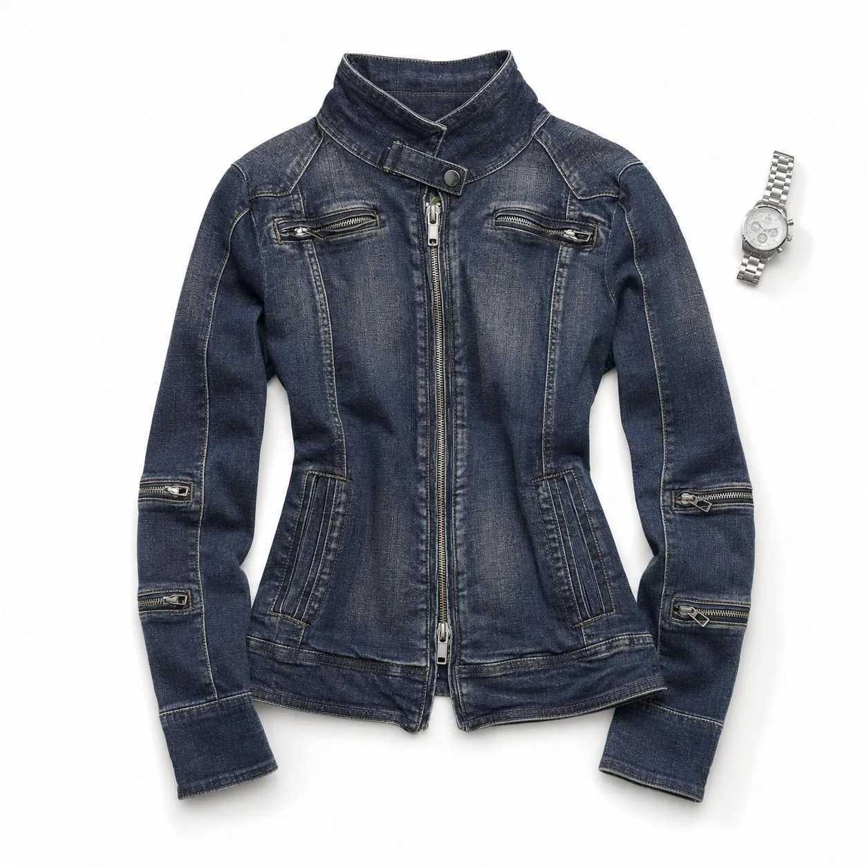 Dark Women's Jackets Streetwear Casual Blue Fitted Denim Jacket Women Heavy Multi Zipper High Collar Distressed Fashion Coat Tops Y2K C260921