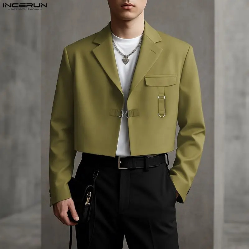 INCERUN Men Blazer Solid Color Lapel Long Sleeve One Button Casual Suit Men Streetwear Loose Elegant Fashion Male Thin Coats 260921
