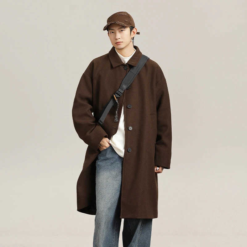 Wool Blends Men's Autumn Men's and Winter New Korean Version of Loose Woolen Coat Solid Color Over The Knee Lapel Single Breasted Woolen C