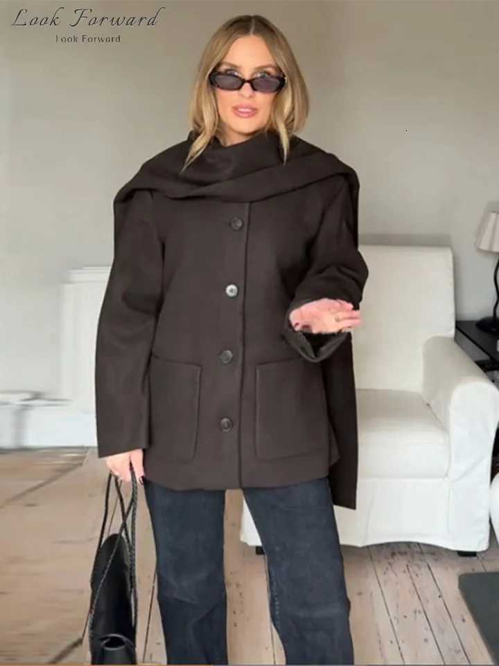 Women's Jackets Casual Woolen Coats With Scarf Women's Loose Full Sleeves Buttons Pockets Jackets 2025 New Autumn Winter Ladies Solid Outw
