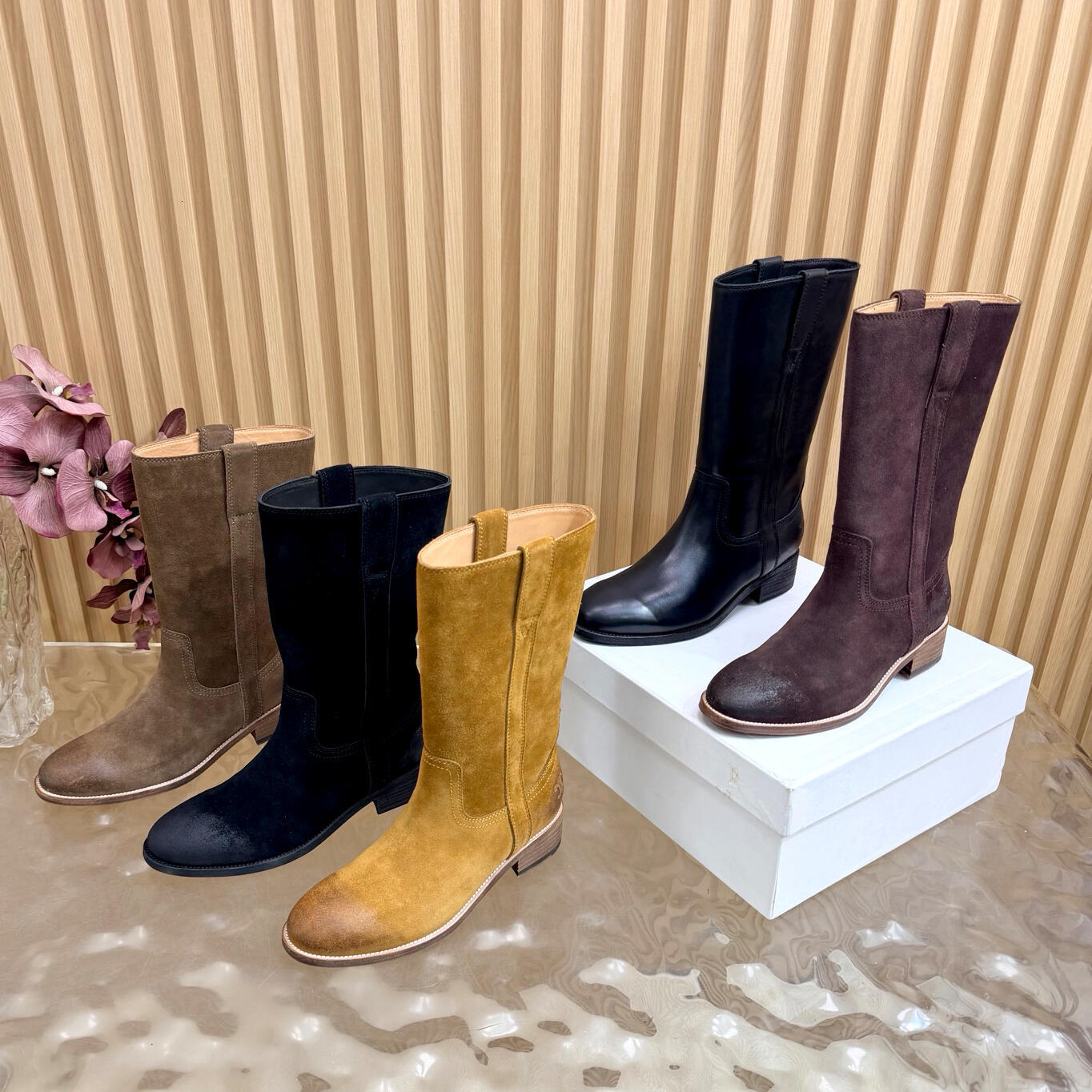 Brand Women Pointed Toe Buckle Knee High Boots Suede luxury Designer Chunky Heel Fashion Vintage Half Boots Ladies Western Mid calf boots Dress shoe