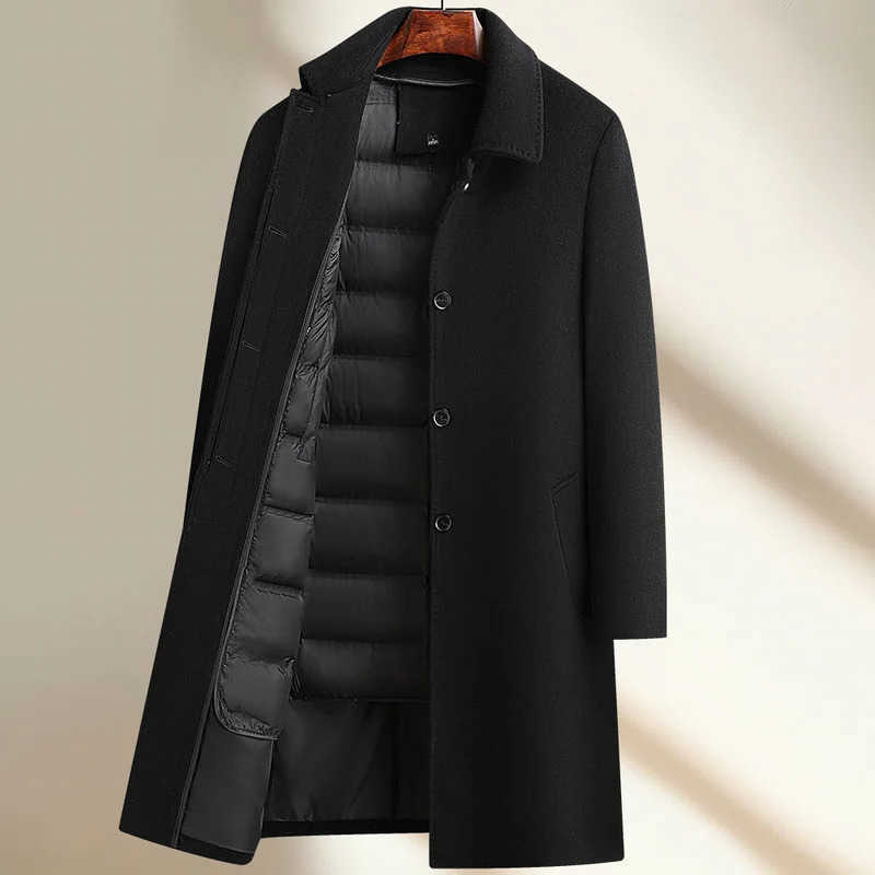 High Men's Wool Quality Blends Men's Long-Length Wool Duck Down Liner Woolen Coat Business Casual Windbreaker Puffer Jacket Solid Wool Ove