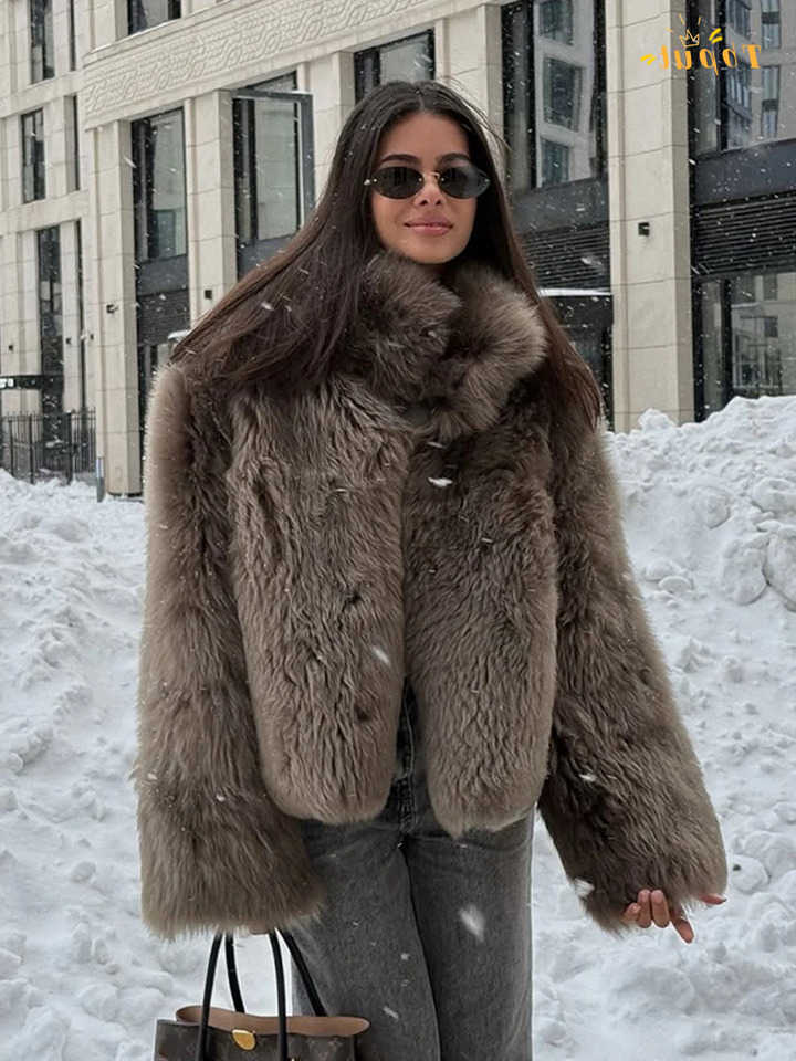 Faux own Fur Thicken Coat Women Lapel Long Sve War Winter Jacket Lady Chic Snap Button High Street Elegant Outerwear D260921